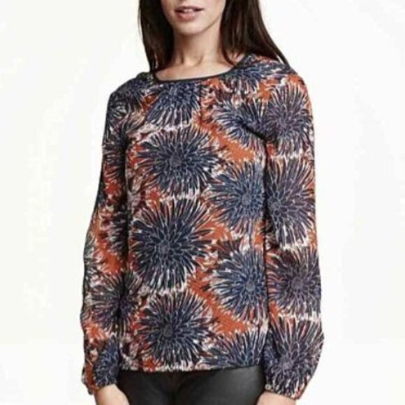 H&M Navy Orange Floral Long Sleeve Blouse Size 2 - Picture 1 of 11